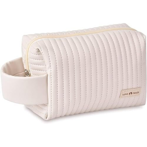 Kroywen Cute Small Makeup Bag Portable Cosmetic Bag Travel Make Up Pouch Waterproof Toiletry Bags For Beauty Accessories Gift For Women And Girls (Beige), 18 X 12.5 X 7.5 Centimeters