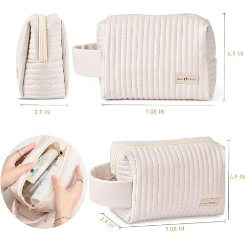 Kroywen Cute Small Makeup Bag Portable Cosmetic Bag Travel Make Up Pouch Waterproof Toiletry Bags For Beauty Accessories Gift For Women And Girls (Beige), 18 X 12.5 X 7.5 Centimeters