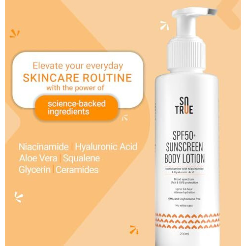 Sotrue Spf 50+ Sunscreen Body Lotion With Uva & Uvb Protection, Upto 24-Hours Intense Hydration, Multivitamins With Niacinamide & Hyaluronic Acid, No White Cast, Lightweight, 200Ml