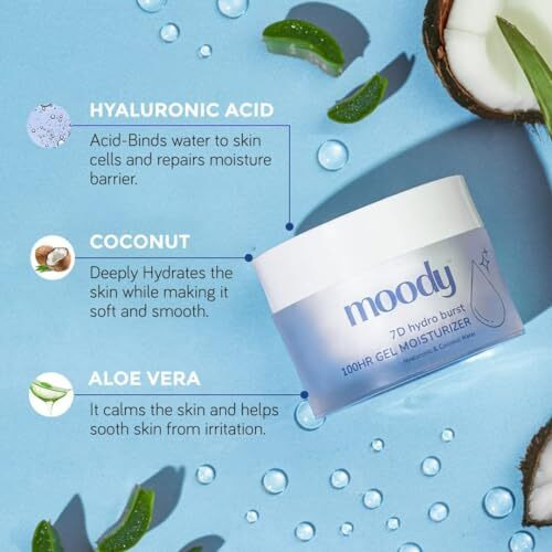 Moody 7D Hydro Burst Oil-Free Water Gel Face Moisturizer With Hyaluronic Acid, Ceramides & Peptides For 100Hr Hydration | Skin Barrier Repair Cream For All Skin Types | Men & Women, 50 Ml