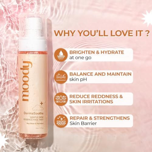Moody Dermasoothe Brighening Face Mist & Essence Toner With Rice & Ceramides |Strenghten Skin Barrier | For Clear, Glass Korean Skin, Bright & Hydrated Skin | Alcohol-Free Toner |100% Vegan | 110Ml