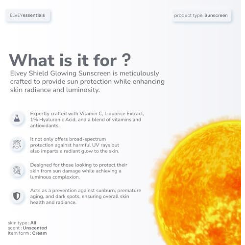 Elvey Essentials Glowing Sunscreen Spf 50+ Pa++++ With Vitamin C, Hyaluronic Acid & Liquorice For All Skin Types | Broad Spectrum, Uva/Uvb & Blue Light Protection | No White Cast, Water Resistant & Non Irritant (50G)