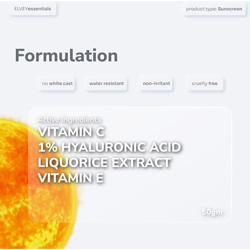 Elvey Essentials Glowing Sunscreen Spf 50+ Pa++++ With Vitamin C, Hyaluronic Acid & Liquorice For All Skin Types | Broad Spectrum, Uva/Uvb & Blue Light Protection | No White Cast, Water Resistant & Non Irritant (50G)