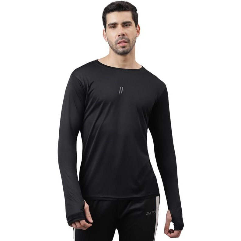 Aticx Men's Slim Fit Polyester Full Sleeve T Shirt - Training Tee With Thumb Hole Glove For Gym, Cycling, Running (Smoky Black_Xl)