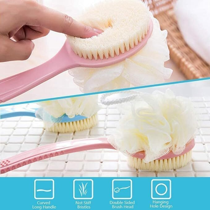 2-In-1 Back Body Bath Brush With Bristles & Loofah  Long Curved Handle For Skin Exfoliation, Wet Or Dry Scrubber For Men & Women, Massaging & Cleansing