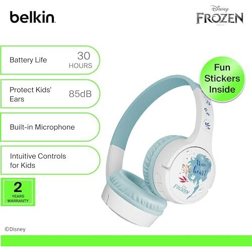 Belkin X Disney, Special Disney 100 Mickey & Friends Edition, Safe Wireless On-Ear Kids Headphones With Mic, 30 Hours Playtime - White (Disney- Frozen Elsa White)
