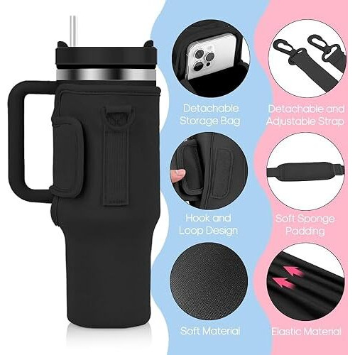 Mtroyaldia Polyester Water Bottle Carrier Bag With Pouch Compatible With 40Oz Tumbler With Handle, Water Bottle Pouch For Quencher H2.0 Flow State, 40 Oz Tumbler (Black)