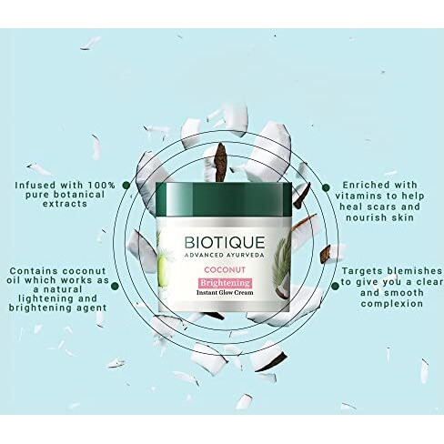 Biotique Coconut Brightening Instant Glow Cream| Lightweight And Non-Greasy | Reduces Dark Spots And Protects Ageing | Nourished And Moisturized Skin |100% Botanical Extracts| All Skin Types | 50Gm