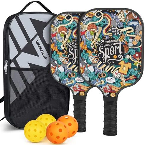 Vinsguir Pickleball Paddle - 2 Premium Graphite Rackets Honeycomb Composite Core With Cushion Comfort Grip & 4 Balls & Portable Racquet Bag (Hand Drawn Doodles + 3 Outdoor Balls +1 Indoor Ball+ Bag)