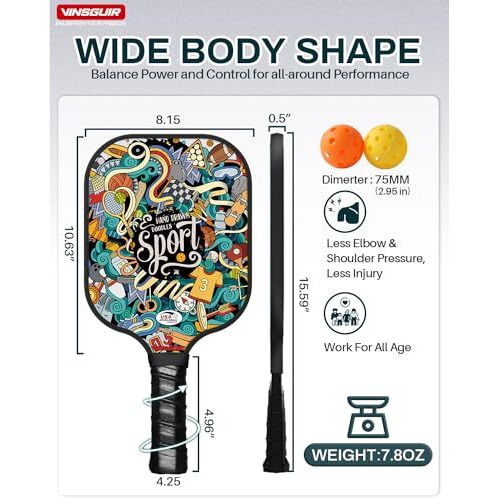 Vinsguir Pickleball Paddle - 2 Premium Graphite Rackets Honeycomb Composite Core With Cushion Comfort Grip & 4 Balls & Portable Racquet Bag (Hand Drawn Doodles + 3 Outdoor Balls +1 Indoor Ball+ Bag)