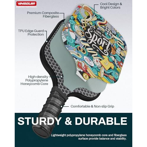 Vinsguir Pickleball Paddle - 2 Premium Graphite Rackets Honeycomb Composite Core With Cushion Comfort Grip & 4 Balls & Portable Racquet Bag (Hand Drawn Doodles + 3 Outdoor Balls +1 Indoor Ball+ Bag)
