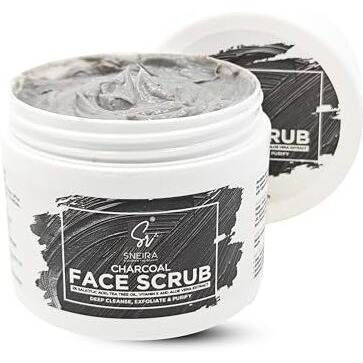 Sneira Activated Charcoal 100 G Face Scrub,2% Salicylic Acid, Vitamin-E Tan Brightening, Dead Skin, Blackhead Removal Suitable For All Skin|Instant Glow-Women-Men Sulphate-Paraben Free Made In India