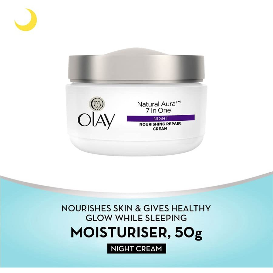 Olay Natural Aura Night Cream | Nourishes Skin For Healthy Glow | Fights 7 Signs Of Ageing | With Niacinamide And Vitamin E | Normal, Oily, Dry, Combination Skin | 50G