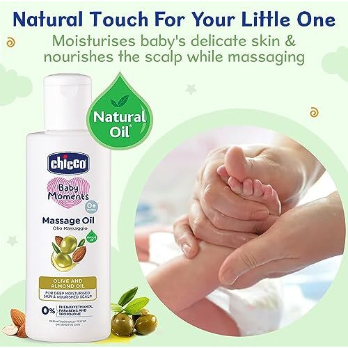 Chicco Baby Moments Massage Oil, Olive And Almond Oil, 300Ml | Non-Sticky Formula | Natural Ingredients For Moisturised Skin, Nourished Hair & Scalp | Parabens & Phenoxyethanol Free