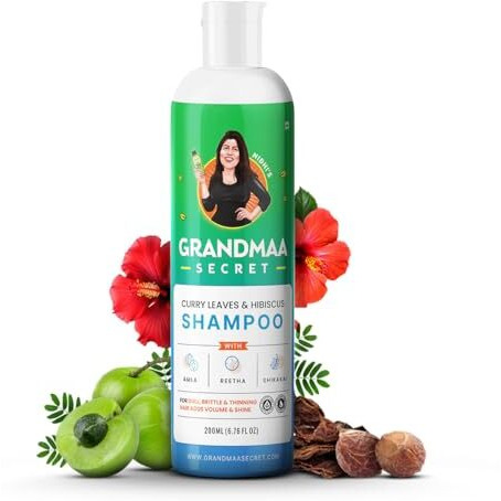 NidhiS Grandmaa Secret Herbal Shampoo For Hair Fall | Natural Shampoo For Dandruff With Curry Leaves & Hibiscus | For Frizzy & Damaged Hair | For Men And Women | Paraben & Sulphate Free | 200Ml