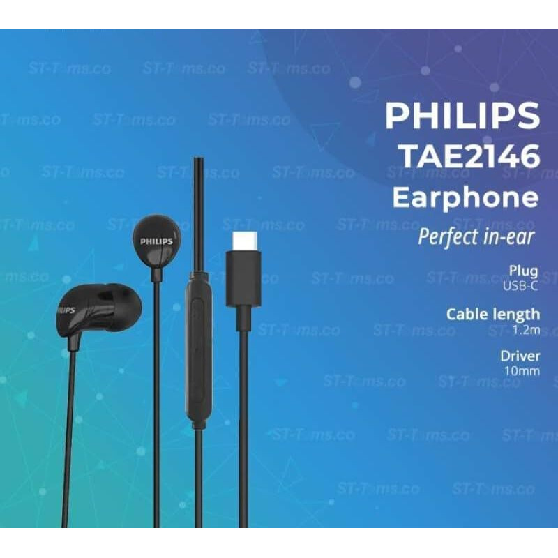 Philips Audio Tae2146 Usb-C (Type C) In Ear Wired Headphones With Mic, 10Mm Dynamic Driver, Ergonomic Design, Rich Bass, 1.2M Cable (Black)