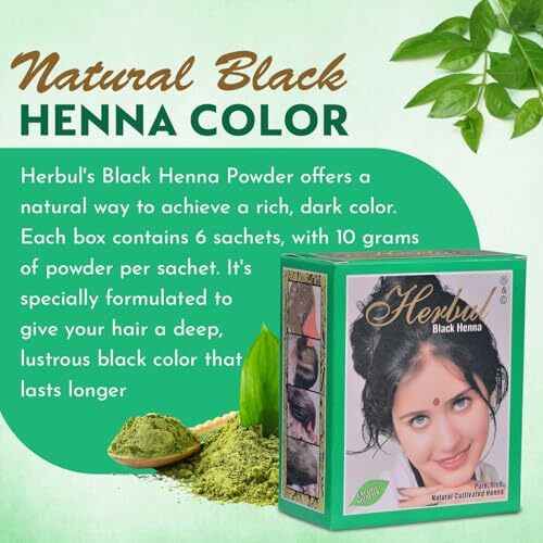 Herbul Black Henna Powder For Hair, 6 Sachets X 10 Gm Each, Natural, Rich Black Color, Ammonia-Free, Nourishes & Strengthens Hair, Long-Lasting, Salon-Quality Finish, Easy To Use Multi-Pack