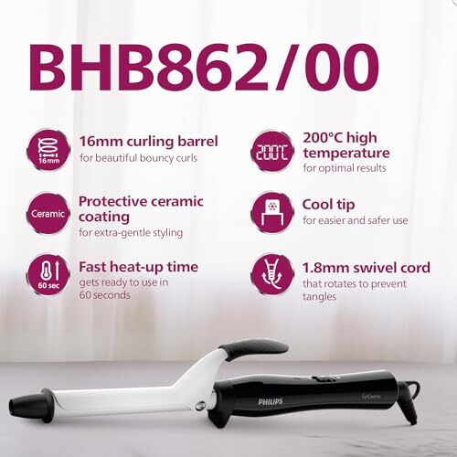 Philips Hair Curler With 16Mm Barrel | Ceramic Coated Barrel For Long-Lasting Bouncy Looking Curls | Fast Heat Up | Bhb862/00, Black