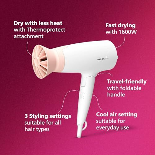 Philips Hair Dryer - Powerful Drying With Less Heati 3 Styling Options For Salon Like Blowdryi 1600 Wattsi Cool Shoti Thermo- Protect Technologyi Men And Womeni 2 Year Warrantyi Bhd308/30, White