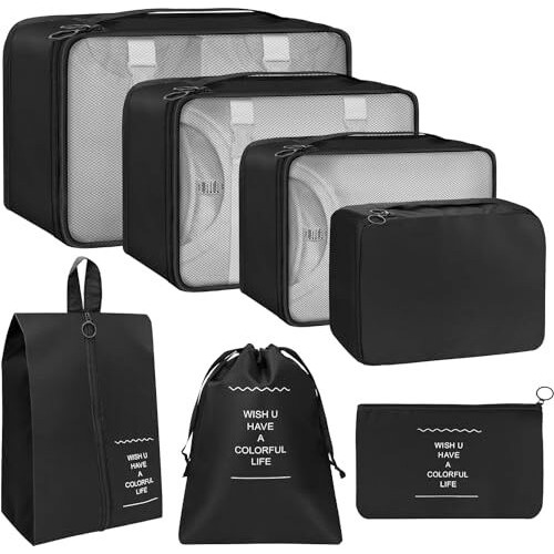 Ladiosa Packing Cubes For Travel, Travel Organizer, Travel Essentials, Packing Cubes, Packing Bags For Clothes, 7 Pcs, Black