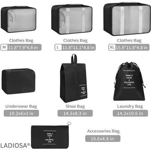 Ladiosa Packing Cubes For Travel, Travel Organizer, Travel Essentials, Packing Cubes, Packing Bags For Clothes, 7 Pcs, Black