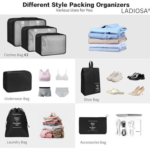 Ladiosa Packing Cubes For Travel, Travel Organizer, Travel Essentials, Packing Cubes, Packing Bags For Clothes, 7 Pcs, Black