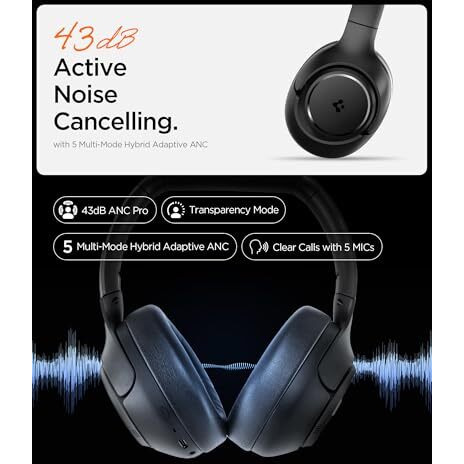 Spigen Audio Newly Launched Sa-Hp P10 Wireless Over Ear Headphones With 60H Playtime, Upto 43Db Multi-Mode Adaptive Anc Pro, Eq Customizing App, 5-Mic, Gaming Mode, 40Mm Driver - Black