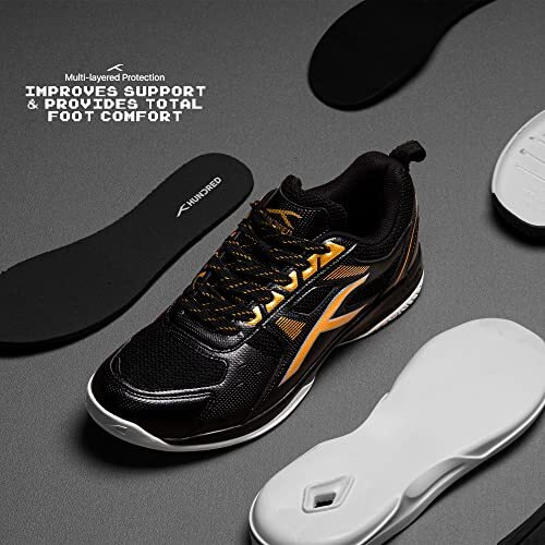 Hundred Raze Badminton Shoes(Non Marking)Also Perfect For Squash,Table Tennis,Volleyball,Basketball&Indoor Sports|Lightweight&Durable|X-Cushion,Active Grip Sole,Toe Assist(BlackGold,8Uk)Unisex-Adult