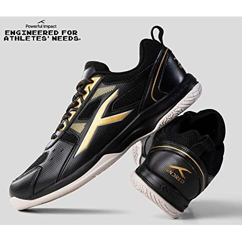 Hundred Raze Badminton Shoes(Non Marking)Also Perfect For Squash,Table Tennis,Volleyball,Basketball&Indoor Sports|Lightweight&Durable|X-Cushion,Active Grip Sole,Toe Assist(BlackGold,8Uk)Unisex-Adult