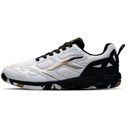 Hundred Raze Pro Badminton Shoes (Non Marking) | Also Indoor Sports | Lightweight, Breathable & Durable | X-Cushion | Active Grip Sole | Extended Heel Lock (White/Gold/Black  Uk 9)
