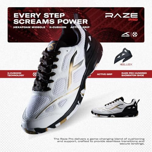 Hundred Raze Pro Badminton Shoes (Non Marking) | Also Indoor Sports | Lightweight, Breathable & Durable | X-Cushion | Active Grip Sole | Extended Heel Lock (White/Gold/Black  Uk 9)
