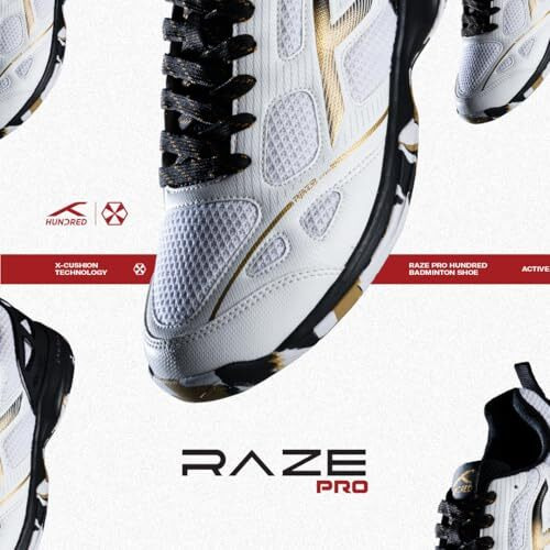 Hundred Raze Pro Badminton Shoes (Non Marking) | Also Indoor Sports | Lightweight, Breathable & Durable | X-Cushion | Active Grip Sole | Extended Heel Lock (White/Gold/Black  Uk 9)