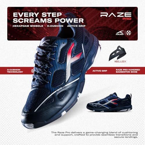Hundred Raze Pro Badminton Shoes (Non Marking) | Also Indoor Sports | Lightweight, Breathable & Durable | X-Cushion | Active Grip Sole | Extended Heel Lock (Navy/White/Red  Uk 10)