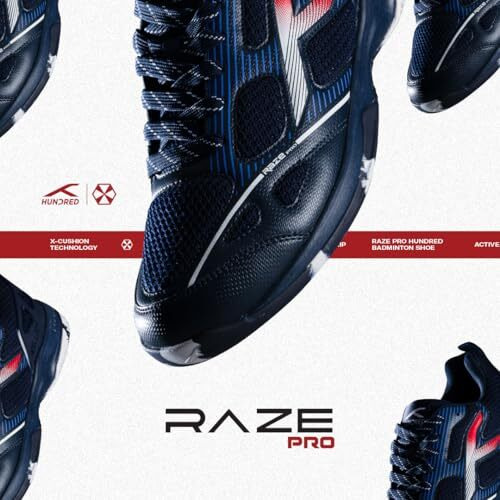 Hundred Raze Pro Badminton Shoes (Non Marking) | Also Indoor Sports | Lightweight, Breathable & Durable | X-Cushion | Active Grip Sole | Extended Heel Lock (Navy/White/Red  Uk 10)