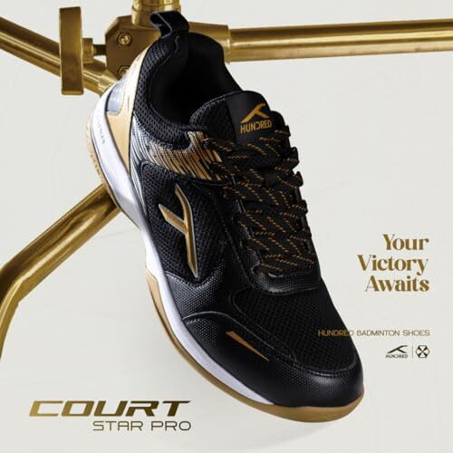 Hundred Court Star Pro Non Marking Badminton Shoes | Also Perfect For Squash, Table Tennis, Volleyball, Basketball & Indoor Sports | Lightweight & Durable (Black/Gold  Uk 9)