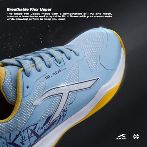 Hundred Blade Pro Non Marking Badminton Shoes | Also Perfect For Squash, Table Tennis, Volleyball, Basketball & Indoor Sports | Lightweight & Durable (Light Blue/Yellow8 Uk)