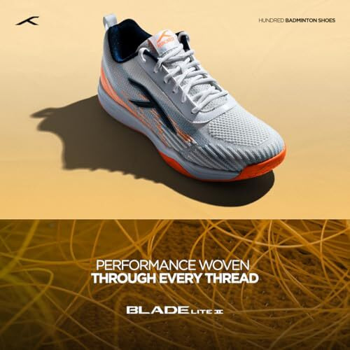 Hundred Blade Lite Ii Badminton Shoes (Non Marking) | Also Indoor Sports | Lightweight, Breathable & Durable | X-Cushion | Active Grip Sole (White/Navy/Orange  9 Uk)