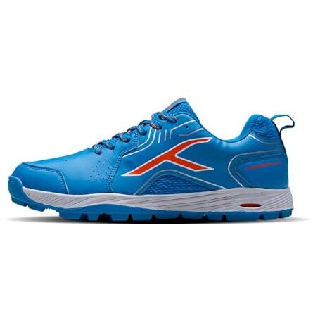 Hundred Pitch Force Cricket Shoes | Terraspike Rubber Studs | Embedded Support Plate For Stability | Lightweight & Durable | Ideal For Turf, Ground & Hard(Blue/Orange/White 8 Uk)