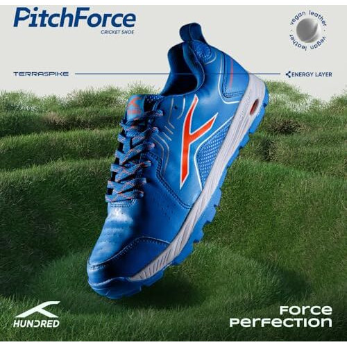 Hundred Pitch Force Cricket Shoes | Terraspike Rubber Studs | Embedded Support Plate For Stability | Lightweight & Durable | Ideal For Turf, Ground & Hard(Blue/Orange/White 8 Uk)