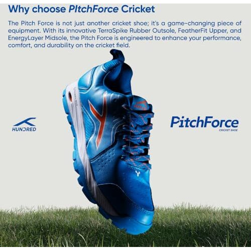 Hundred Pitch Force Cricket Shoes | Terraspike Rubber Studs | Embedded Support Plate For Stability | Lightweight & Durable | Ideal For Turf, Ground & Hard(Blue/Orange/White 8 Uk)