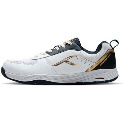 Hundred Unisex-Adult Court Shield Non-Marking Badminton Shoes|Enhanced Court Control Outsole For Precision|X-Cushion|Ideal For Indoor,Synthetic & Wooden Surfaces(White/Navy/Gold 9 Uk)