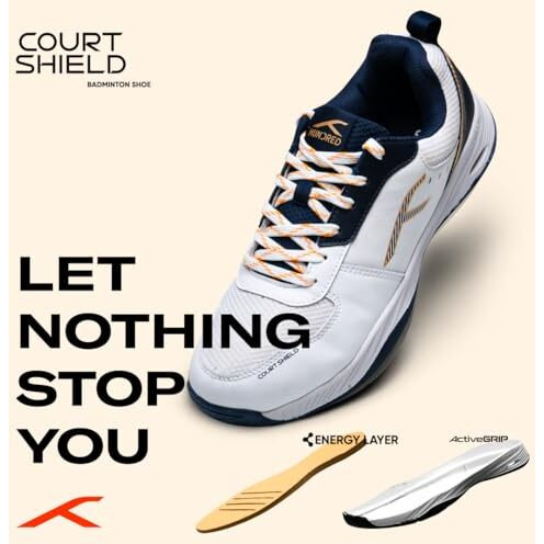 Hundred Unisex-Adult Court Shield Non-Marking Badminton Shoes|Enhanced Court Control Outsole For Precision|X-Cushion|Ideal For Indoor,Synthetic & Wooden Surfaces(White/Navy/Gold 9 Uk)