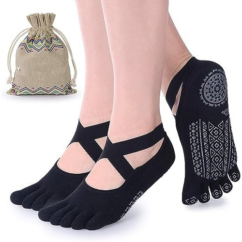 Dhvaja Anti Bacterial Non Slip Yoga Socks For Women Girls,Anti Slip Five Toe Ankle Length Cotton Socks For Gym Workout,Ballet Dance, Barre,(1 Pair/Multicolour)