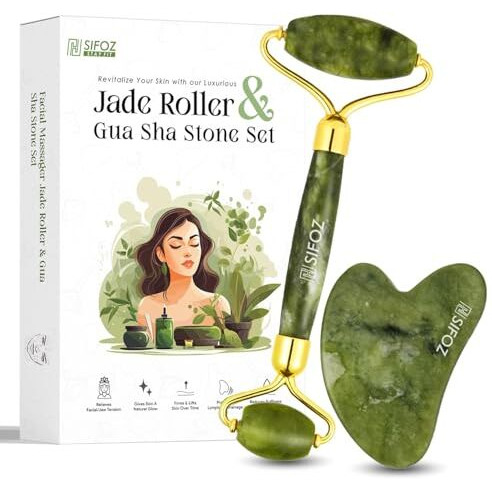 Sifoz Jade Roller & Gua Sha Set Face Roller Anti-Aging Facial Roller Natural Green Jade Beauty Massager Tool Skin Care Tool For Face Neck Eye To Reduce Wrinkles And Relax Body Muscles