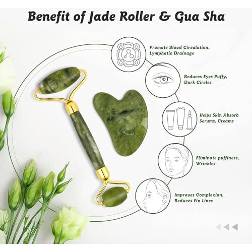 Sifoz Jade Roller & Gua Sha Set Face Roller Anti-Aging Facial Roller Natural Green Jade Beauty Massager Tool Skin Care Tool For Face Neck Eye To Reduce Wrinkles And Relax Body Muscles