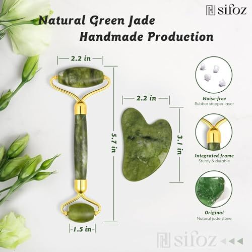 Sifoz Jade Roller & Gua Sha Set Face Roller Anti-Aging Facial Roller Natural Green Jade Beauty Massager Tool Skin Care Tool For Face Neck Eye To Reduce Wrinkles And Relax Body Muscles