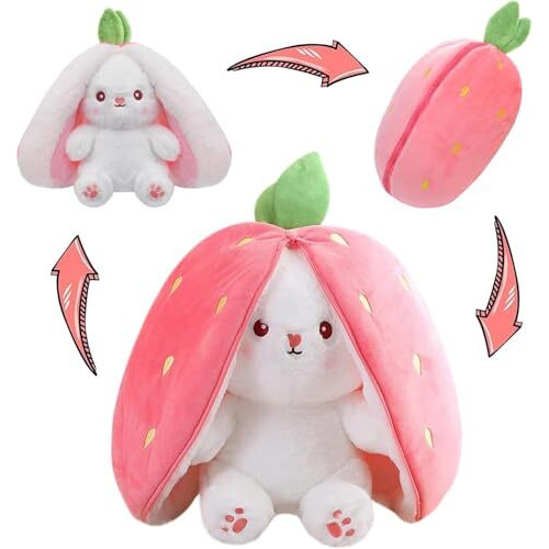 Namani Carrot Strawberry Bunny Animal Soft Toy Reversible Cuddle Plush Toy With Zipper Cute Soft Rabbit Pillow For Kids & Adults Safe & Durable Super Soft Gift Item Toy For Kids 35Cm (Pouch Rabbit)