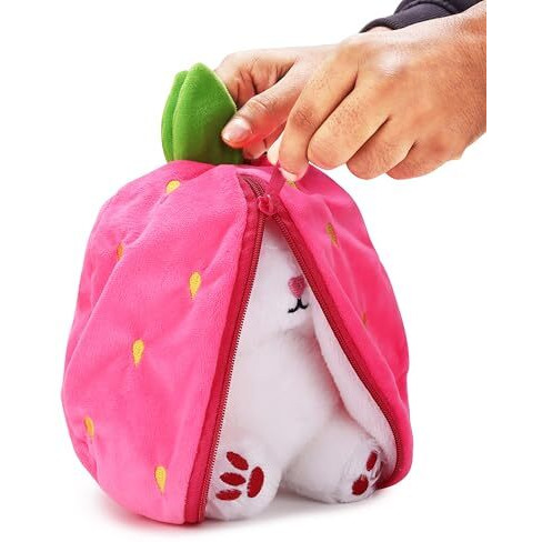 Namani Carrot Strawberry Bunny Animal Soft Toy Reversible Cuddle Plush Toy With Zipper Cute Soft Rabbit Pillow For Kids & Adults Safe & Durable Super Soft Gift Item Toy For Kids 35Cm (Pouch Rabbit)