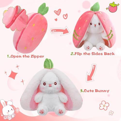 Namani Carrot Strawberry Bunny Animal Soft Toy Reversible Cuddle Plush Toy With Zipper Cute Soft Rabbit Pillow For Kids & Adults Safe & Durable Super Soft Gift Item Toy For Kids 35Cm (Pouch Rabbit)