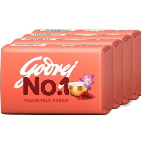 Godrej No. 1 Bathing Soap Kesar & Milk Cream Grade 1 Soap & Long-Lasting Fragrance, Combo Pack Of 4 (150G Each)